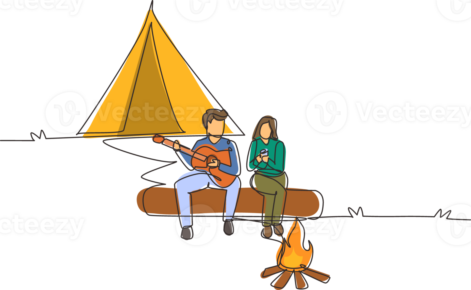 Single one line drawing couple hikers sitting on log of wood near campfire in forest. Woman drinking hot tea, man playing guitar, camping gear and backpack. Continuous line draw design graphic png