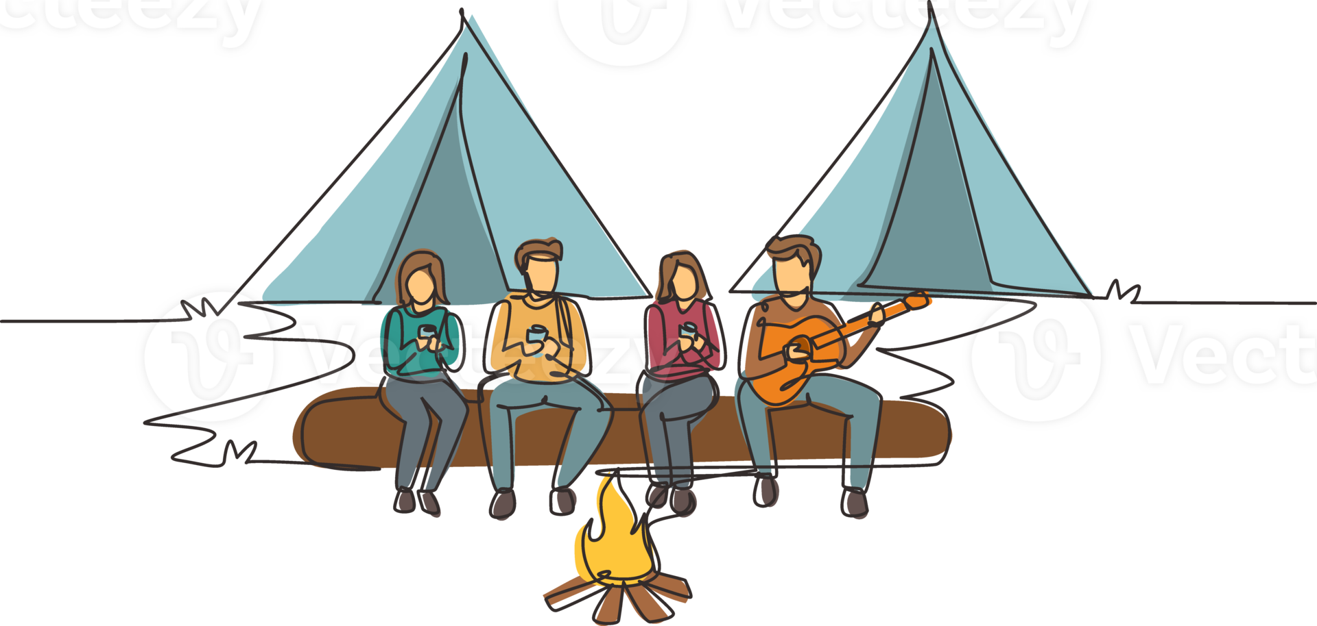 Single one line drawing two couple hikers sitting on log of wood near campfire in forest. People drinking hot tea and man playing guitar. Camping gear and backpack. Continuous line draw design png