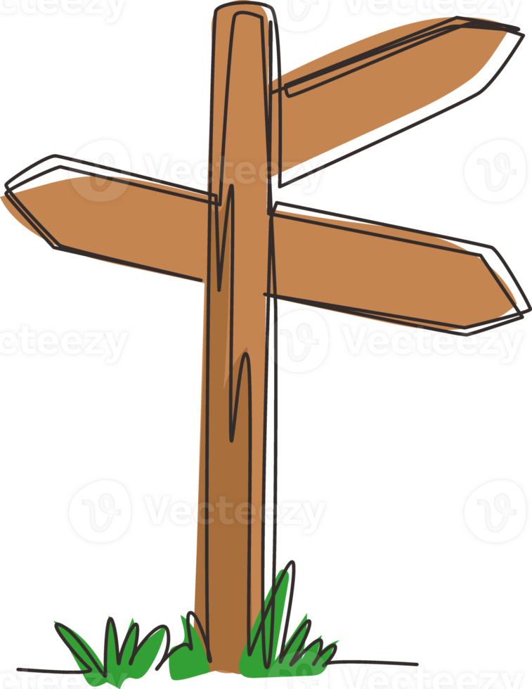 continuo uno línea dibujo de madera camino dirección signo. Clásico tablero en polo desde marrón madera dura para información mensaje. texturizado de madera firmar junta, dirección flechas soltero línea dibujar diseño png