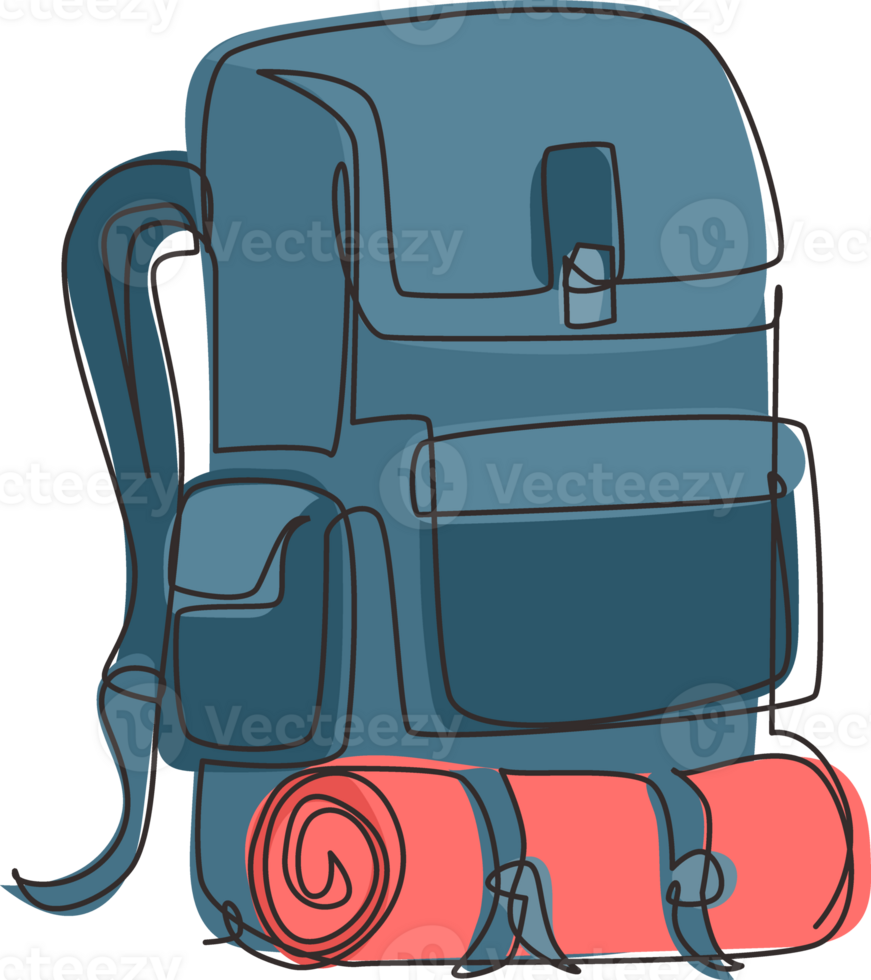 Single continuous line drawing camping backpack for hiking, travel and tourism isolated on white background. Backpack for camp gears, mats, sleeping bags. One line draw design illustration png
