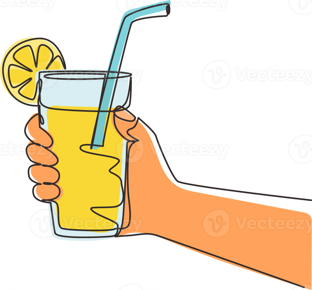 Single continuous line drawing lemonade served with ice cubes, hand holding refreshing beverage glass. Drink made of fresh lemon juice. Juicy water with straw. One line draw graphic design png