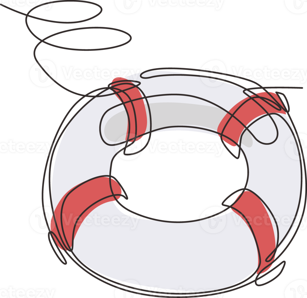 Single continuous line drawing lifebuoys, rescue belts, inflatable rubber ring with rope for help and safety of life drowning. Rescue ring for quick help. One line draw design illustration png