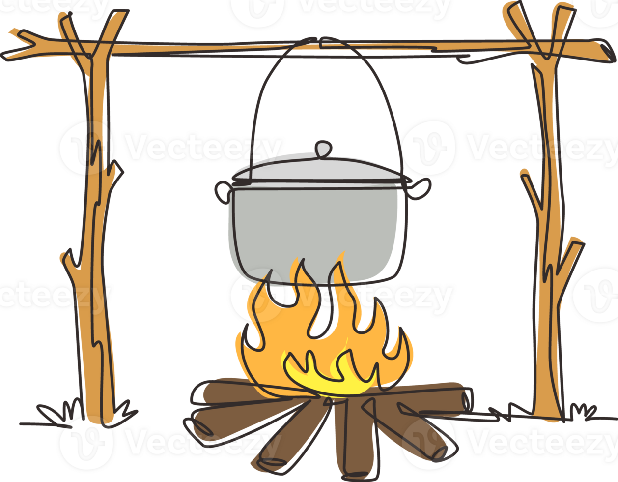 Continuous one line drawing camping pot over bonfire, delicious fish soup cooking. Outdoor nature picnic with bonfire dinner or hiking cook symbol. Single line draw design graphic illustration png