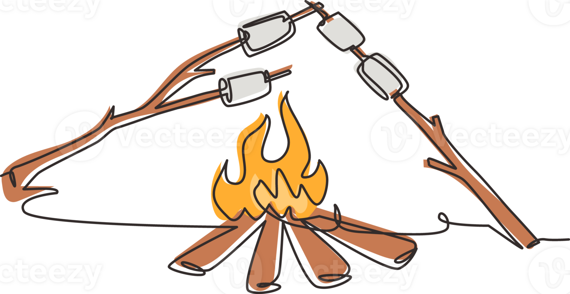 Single continuous line drawing roasting marshmallow on bonfire at night. Campfire and stick branches with roasted marshmallows. Fun summer camping activity. One line draw design illustration png