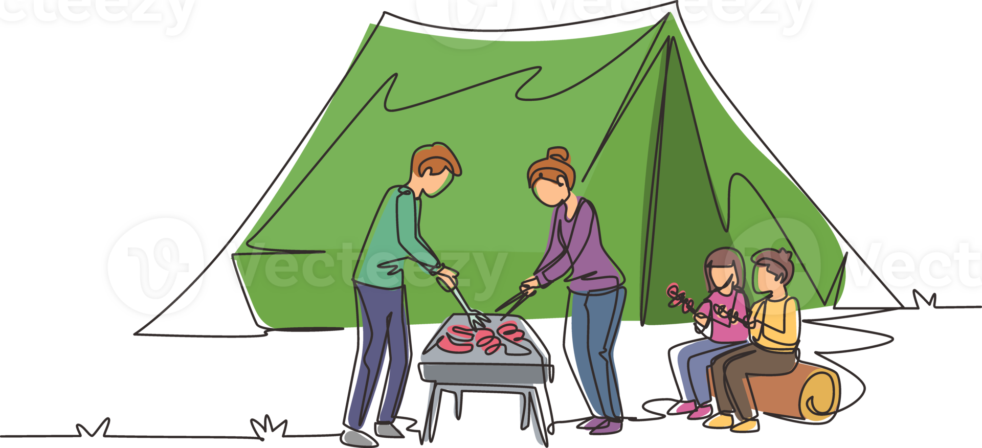 Continuous one line drawing happy four family members are having barbecue in the mountain. Father, mother and children hiking, travel and camping at nature. Single line draw design illustration png