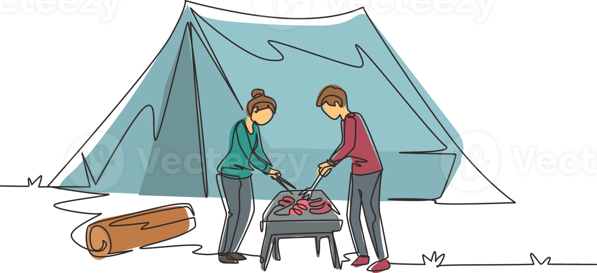 Single one line drawing happy couple are having barbecue in the mountain. Man woman camping in forest, active recreation, romantic date out of town. Continuous line draw design illustration png