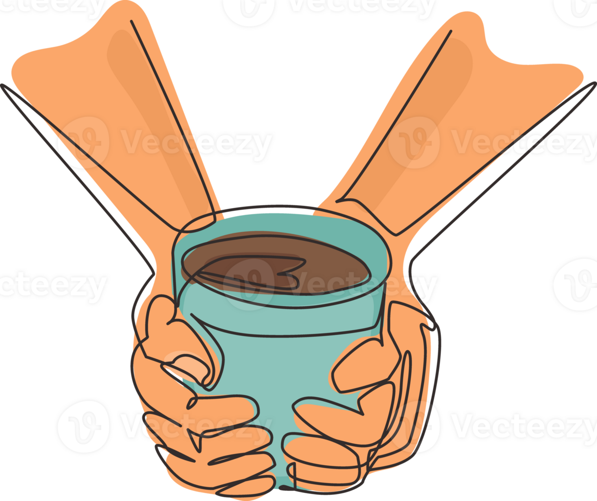 Single one line drawing cup of tea in hands of men. Man warming hands touching a hot cup of tea. Time relax in the morning with tea or coffee. Continuous line draw design graphic illustration png