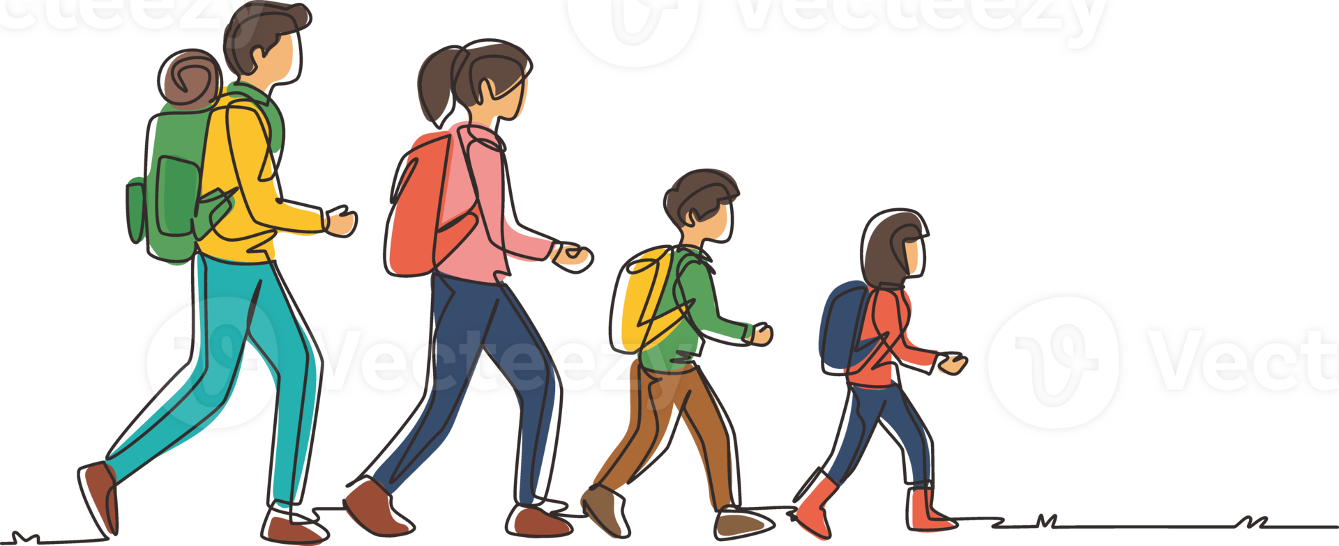 Single continuous line drawing man, woman, children, family hikers traveling trekking with backpacks in mountains forest. Trip and holiday concept. One line draw graphic design illustration png