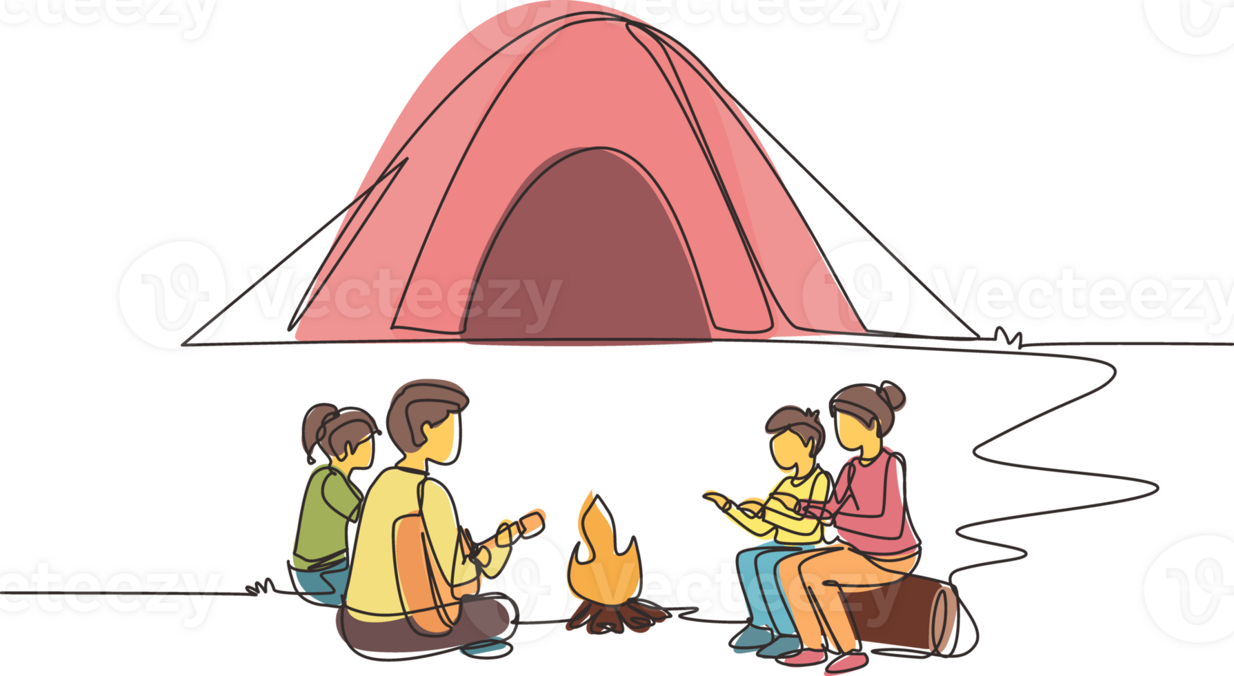 Single one line drawing camping family warm their bodies around campfire tents. Dad playing guitar, mom and kids sitting on ground and logs, sing song. Continuous line draw design illustration png