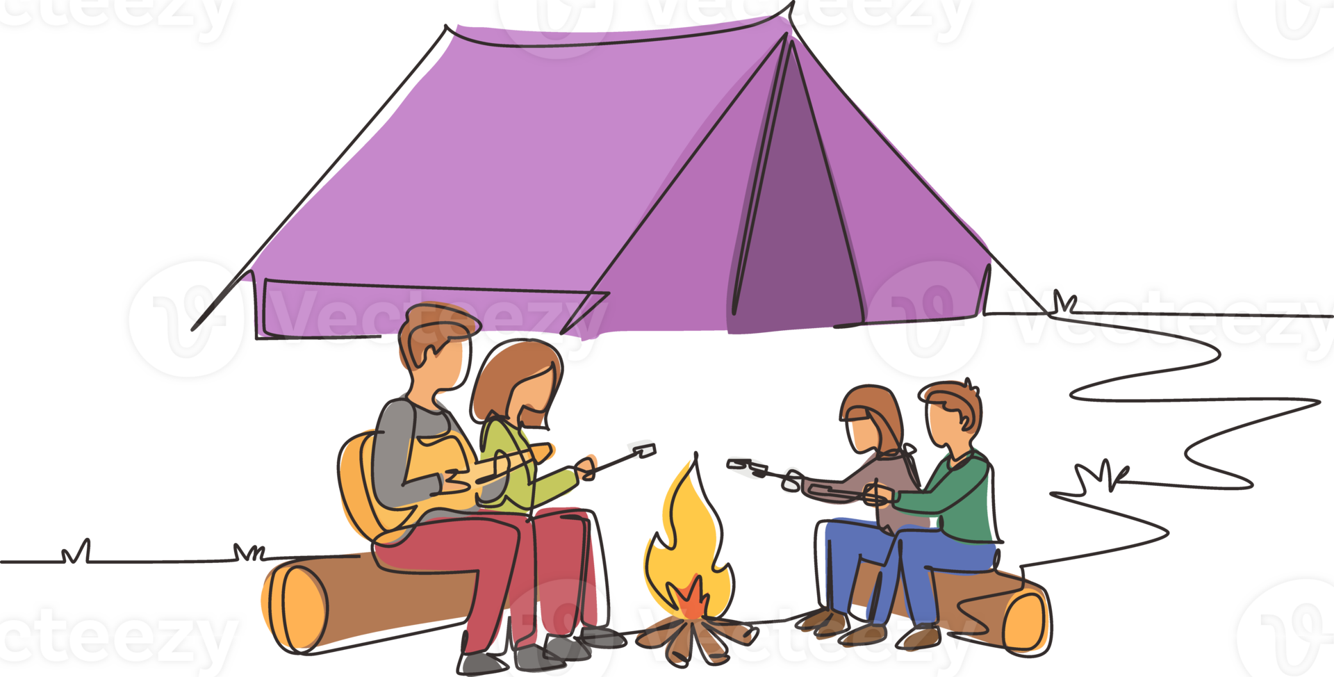 Single continuous line drawing hiker family sit by campfire. Tourist campers. Dad playing guitar, mom and kids roast marshmallows. Night camping entertainment. One line draw design illustration png