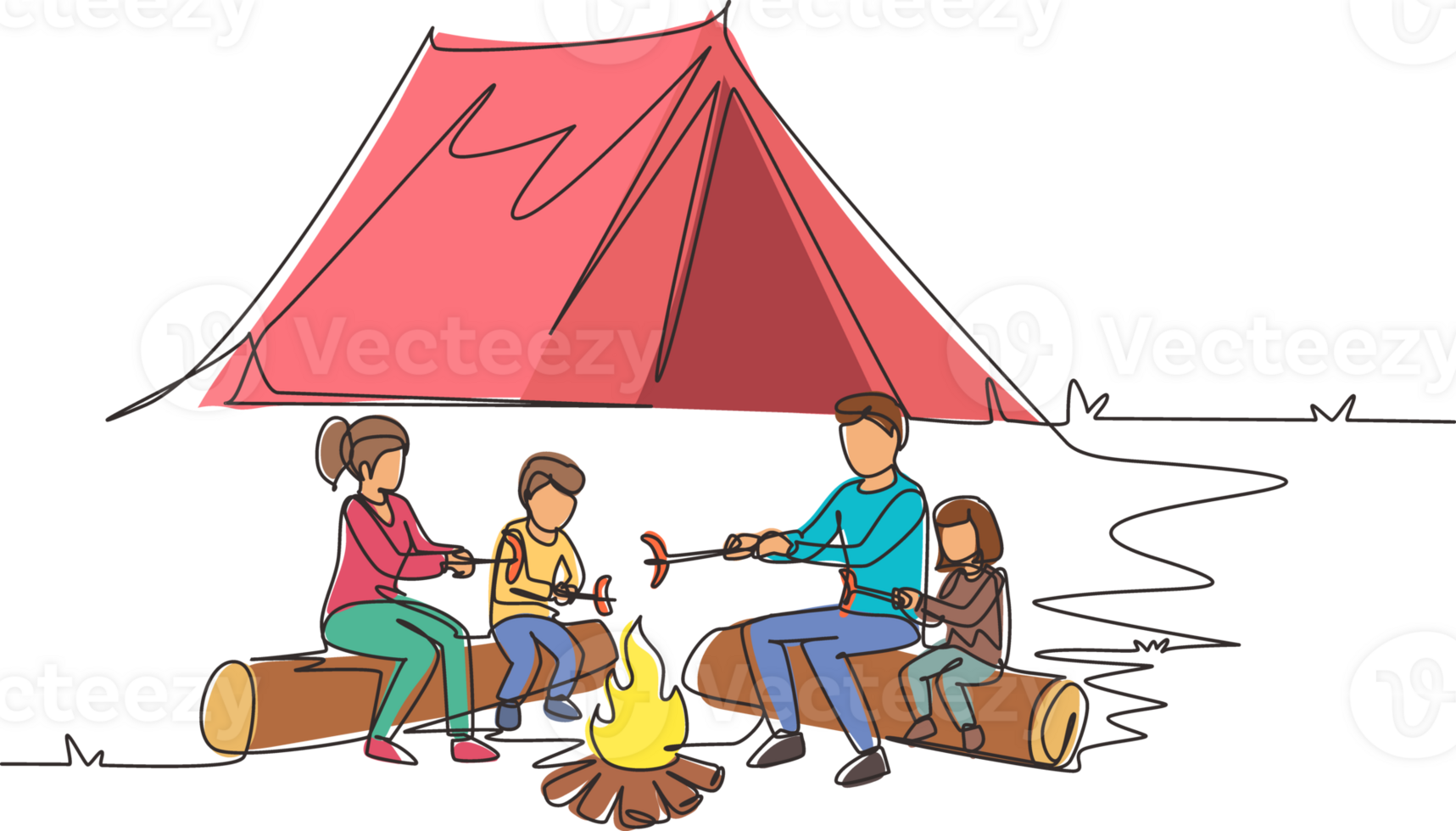 Continuous one line drawing happy family sit by campfire. Cheerful tourists, campers. Mom dad and kids roast sausage. Night camping adventure trip. Single line draw design graphic illustration png