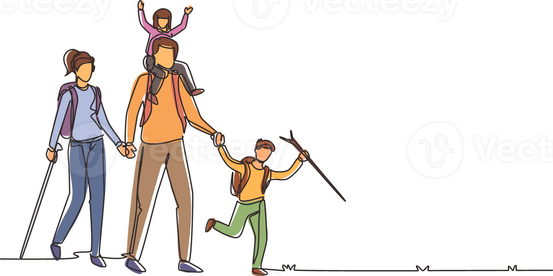 Single continuous line drawing happy family is hiking in the forest. Father, mother and children hiking and camping with backpack at nature. Dynamic one line draw graphic design illustration png