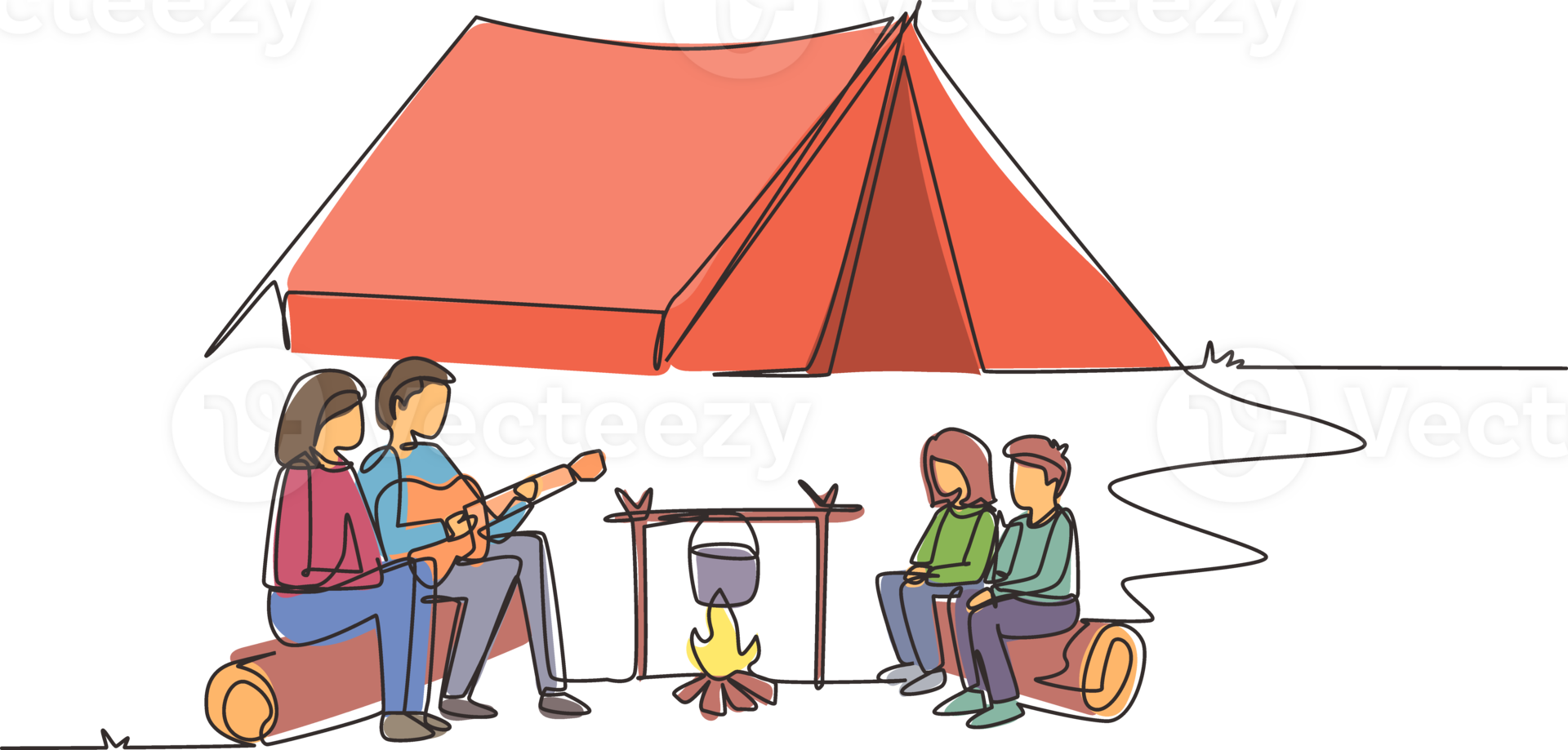 Single continuous line drawing happy family around campfire tent boil water in pot and sitting on logs. Dad playing guitar and sing song with mom and children. One line draw design illustration png