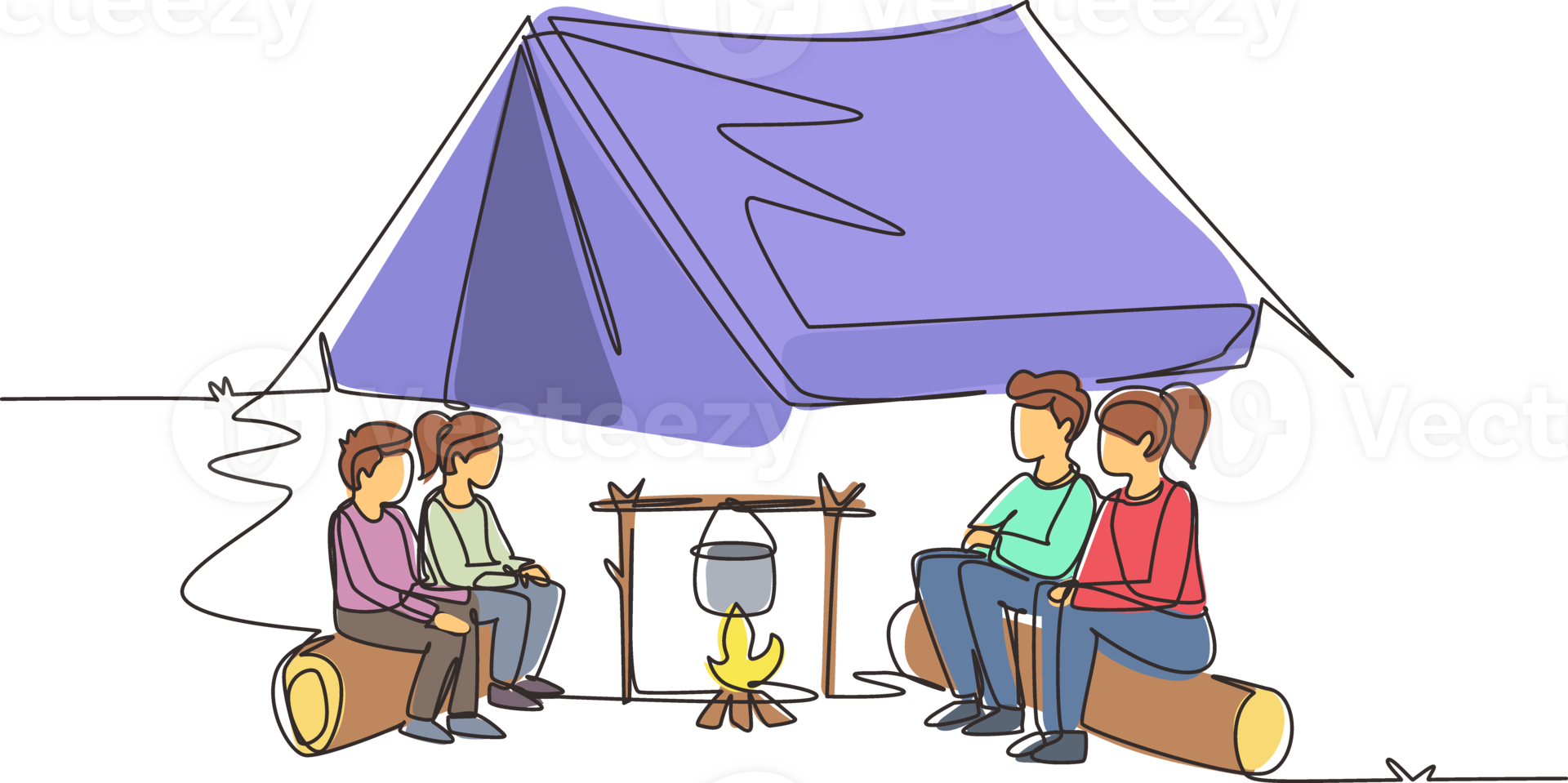 Continuous one line drawing hiking family around campfire tents boil water in pot. Parent and kid getting warm near bonfire and sitting on logs. Single line draw design graphic illustration png