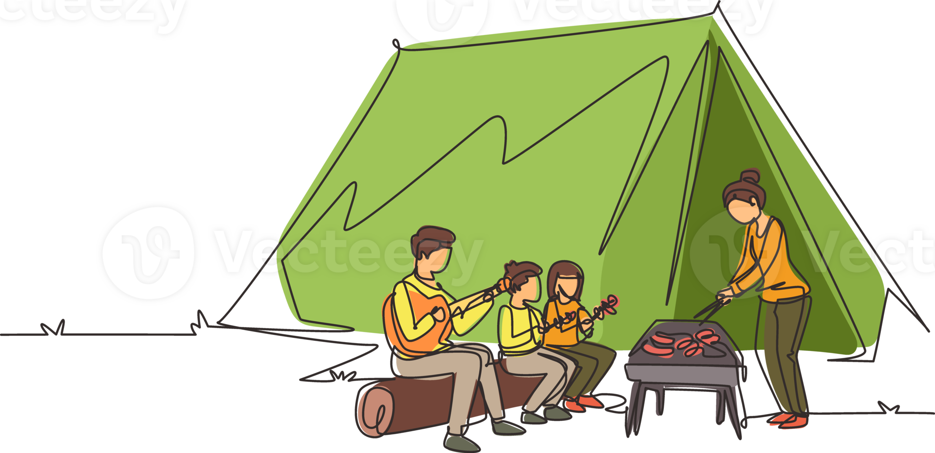 Single continuous line drawing happy family member are having barbecue in campsite. Father playing guitar, mother and kids preparing food for dinner at nature. One line draw design illustration png
