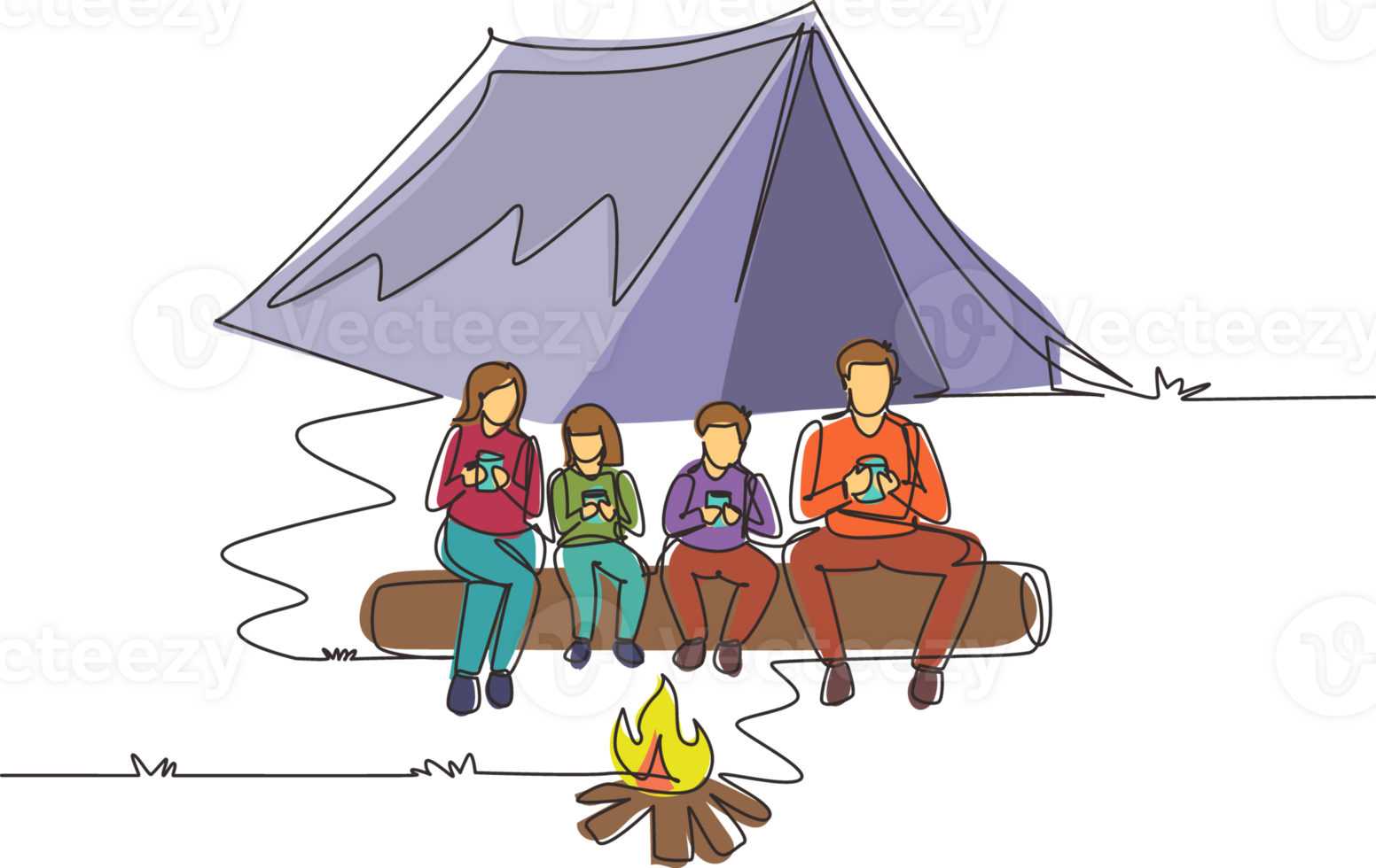 Single one line drawing active hiker family camping with campfire. Drinking hot tea sitting on logs in forest. Mom, dad, son and daughter. Family time. Continuous line draw design illustration png