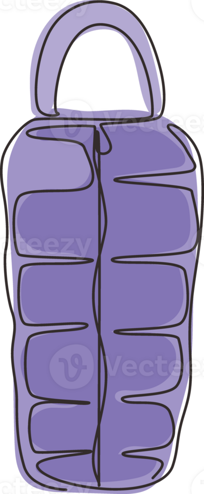 Single one line drawing sleeping bag spread out, ready to use. Packed in roll, compressed by bag. Camping equipment for sleep. Picnic, travel inventory. Continuous line draw design illustration png