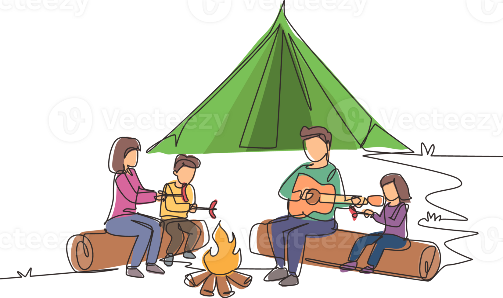 Single continuous line drawing hiker family sit by campfire. Tourists, campers. Dad playing guitar, mom and kids fry sausage. Night camping entertainment. One line draw design illustration png