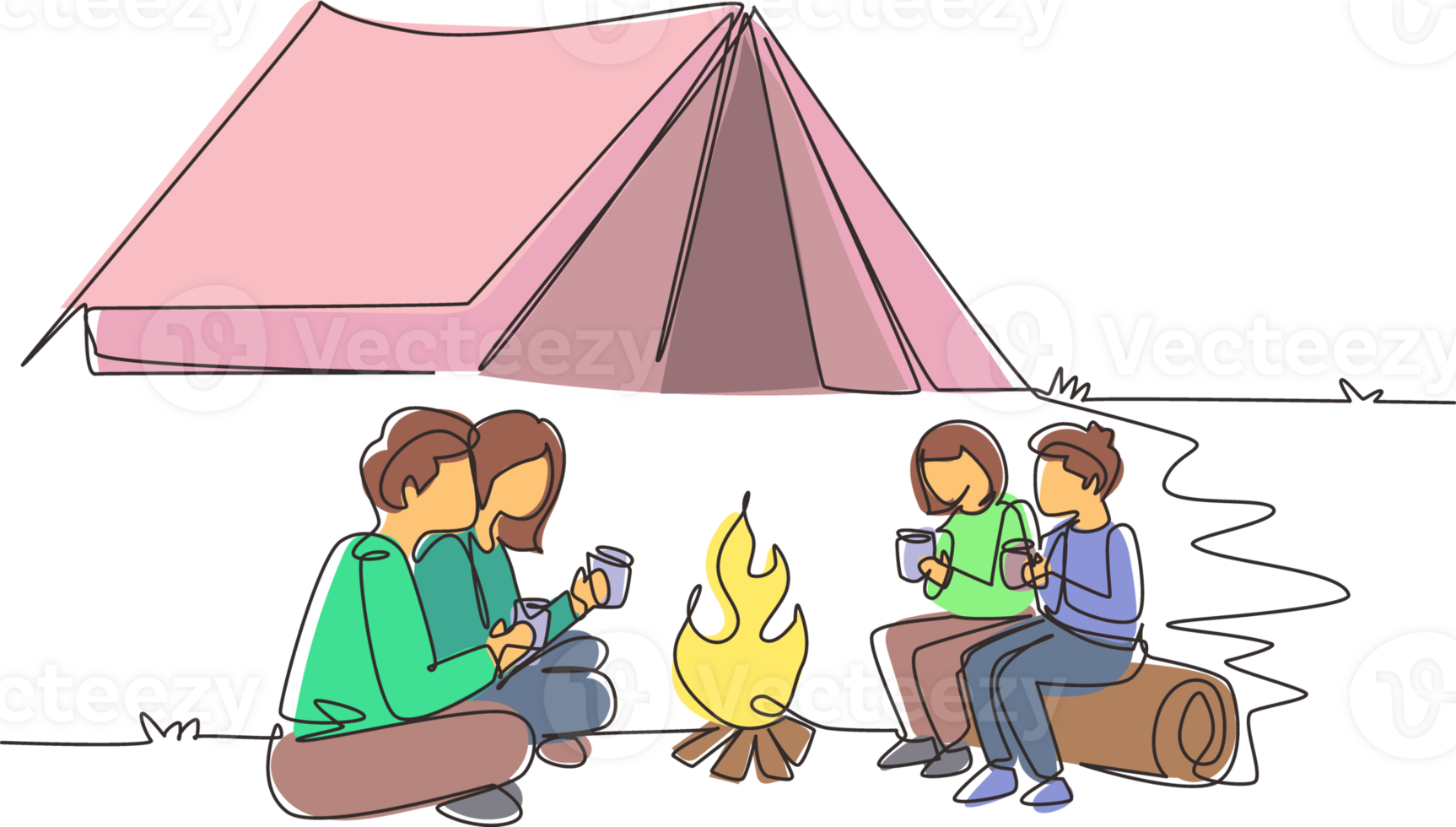 Single continuous line drawing happy family camping with campfire and drinking hot tea. Kids sitting on logs, mom dad sitting on ground in forest. Wild nature. One line draw design illustration png