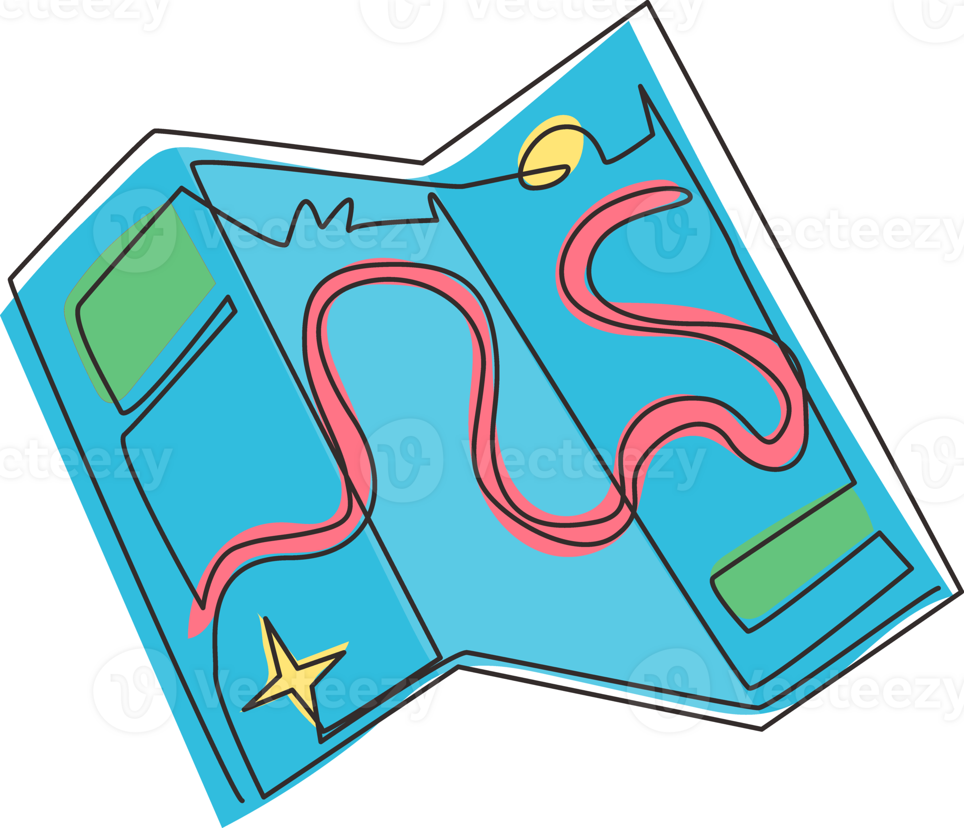 Continuous one line drawing map for traveling in doodle style. Folded paper map with a route