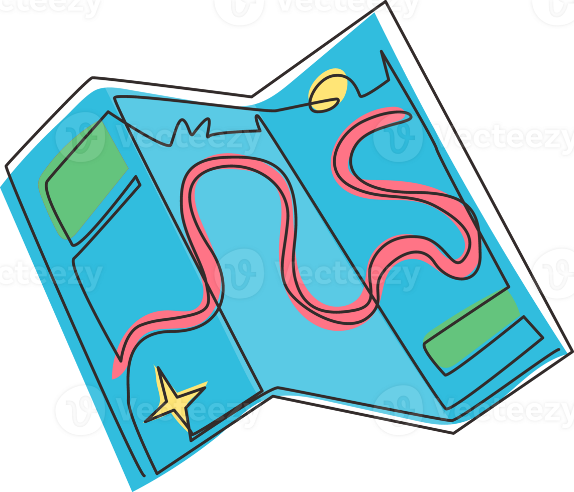 doorlopend een lijn tekening kaart voor op reis in tekening stijl. gevouwen papier kaart met een route. kaart voor camping, hiking, lokaal toerisme. route Aan kaart. single lijn trek ontwerp grafisch illustratie png