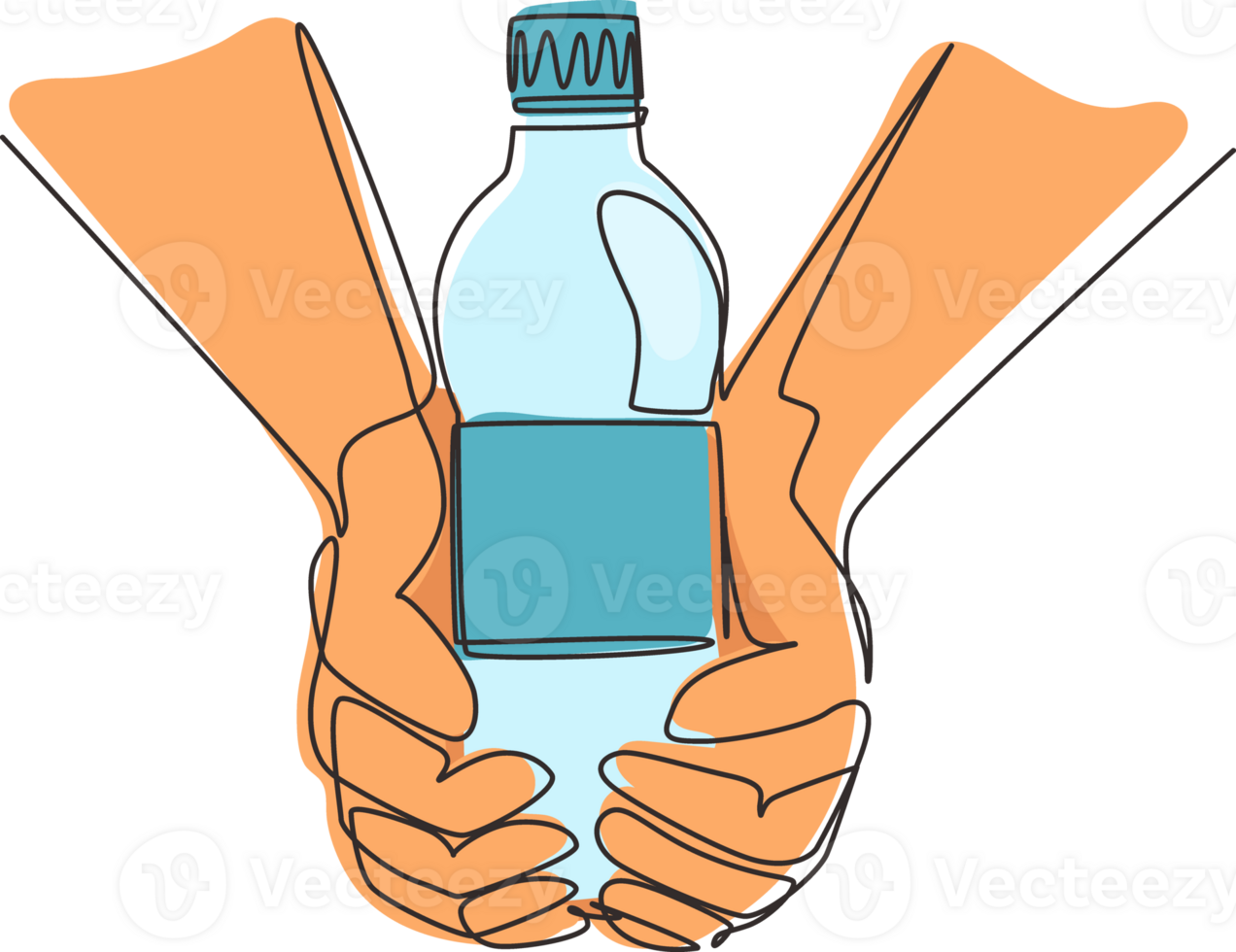 Single continuous line drawing hands holding plastic bottle of pure drinking water refreshing and splash on hot background with hungry and thirsty concept for good health. One line draw design png