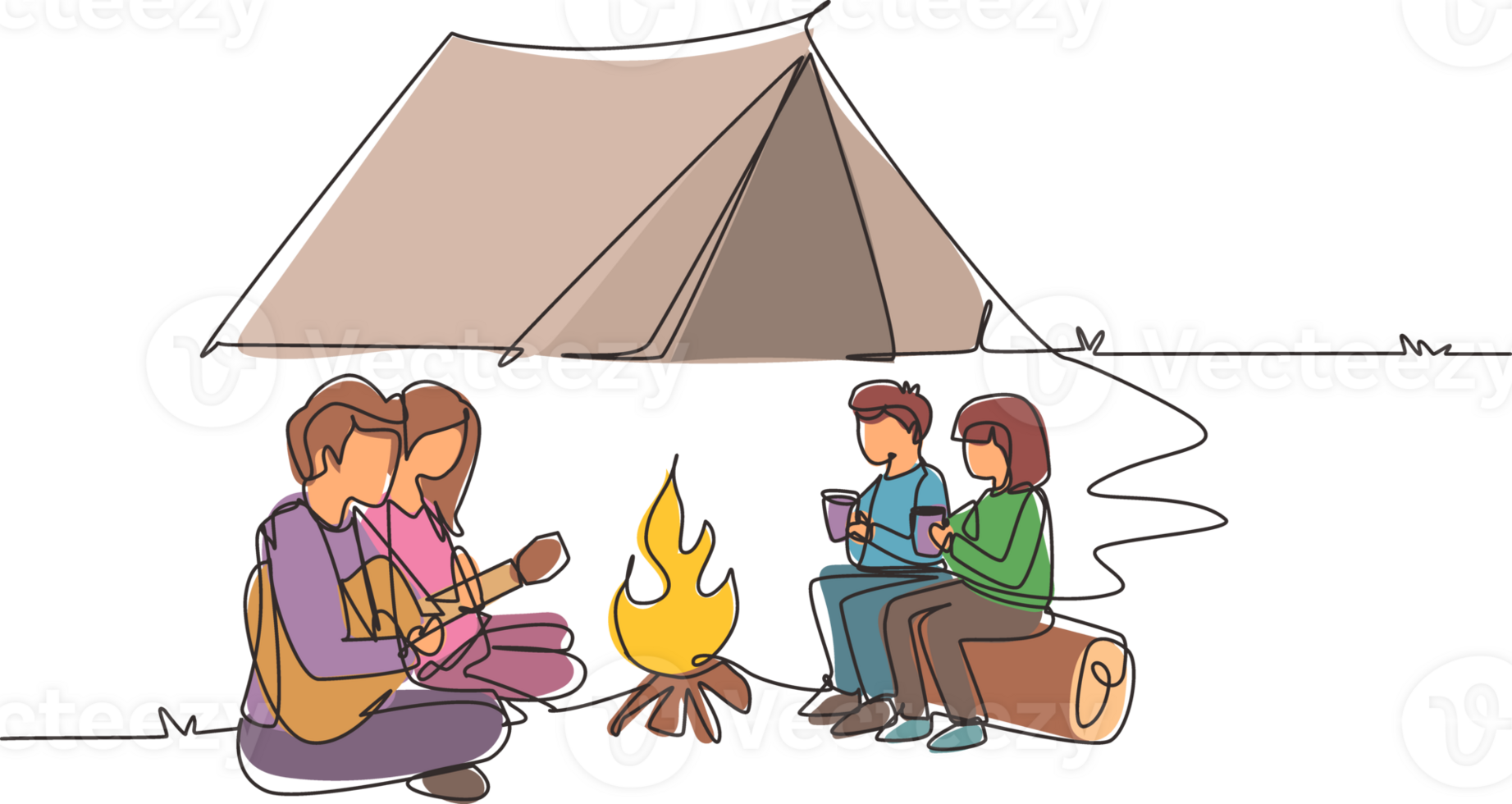 Continuous one line drawing tourist family camping with campfire and drinking hot tea. Kids sitting on logs. Dad playing guitar and sit on ground with mom. Single line draw design illustration png