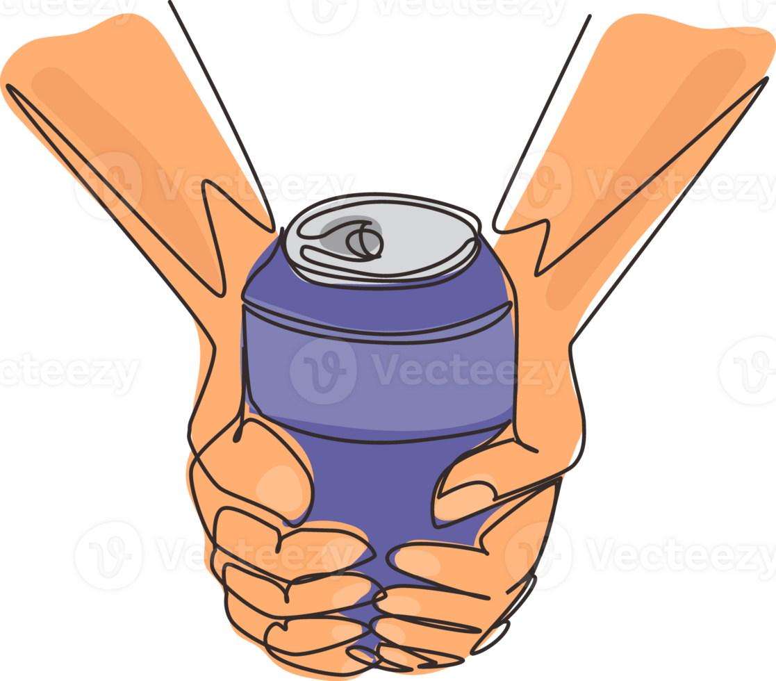 Single continuous line drawing hands holding a metallic can with a drink. Aluminum canned drink without labels. Beverages in metal containers. Dynamic one line draw graphic design illustration png