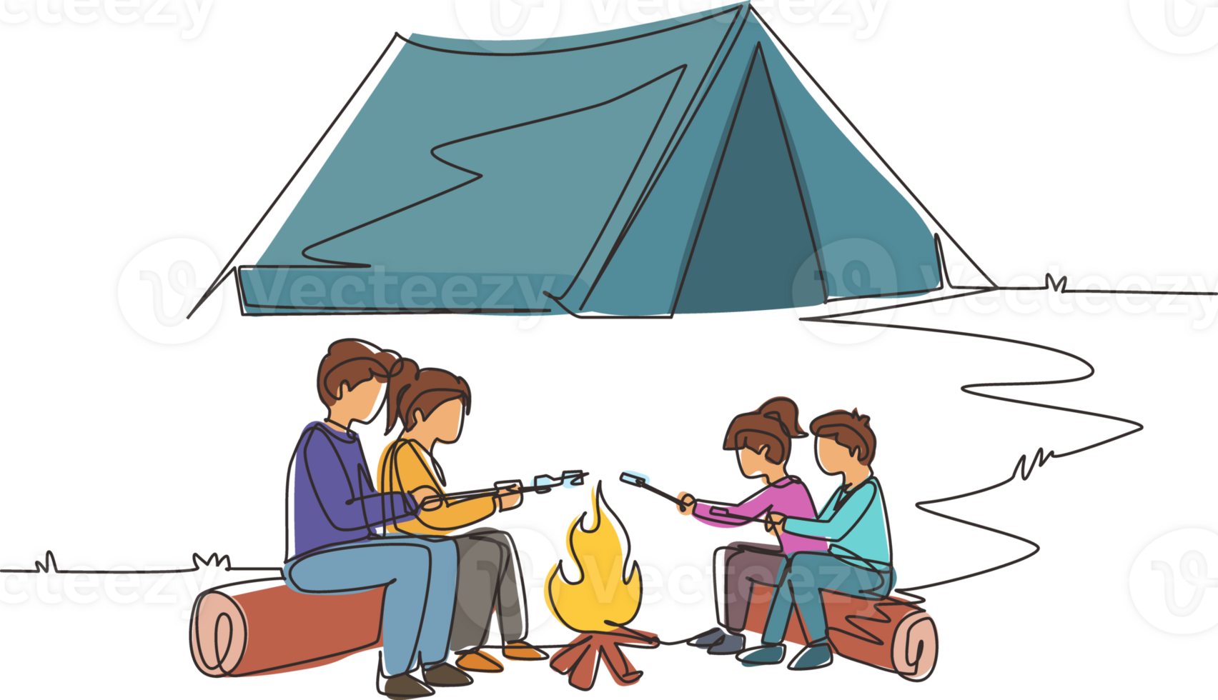 Single one line drawing happy family sit by campfire. Cheerful tourists, campers. Mom dad and kids roast marshmallows. Night camping adventure trip. Continuous line draw design illustration png