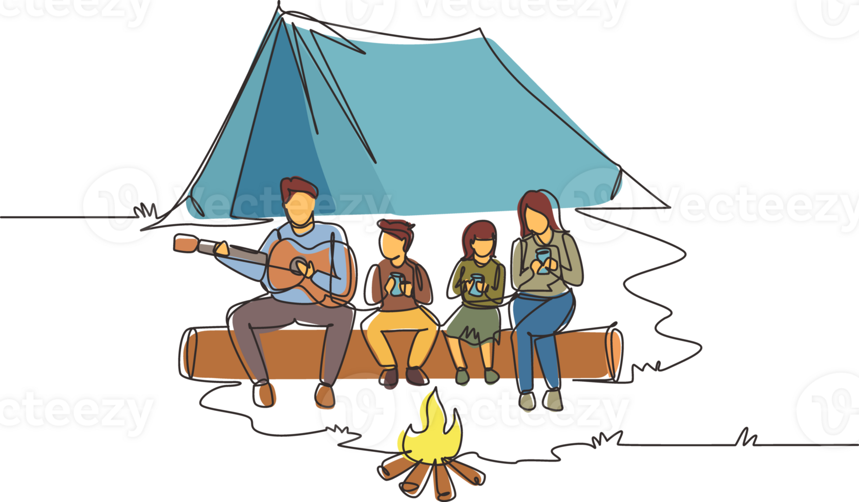 Single continuous line drawing adventure hiker family camping with bonfire. Drinking hot tea sitting on logs. Father playing guitar and sing song with child. One line draw design illustration png