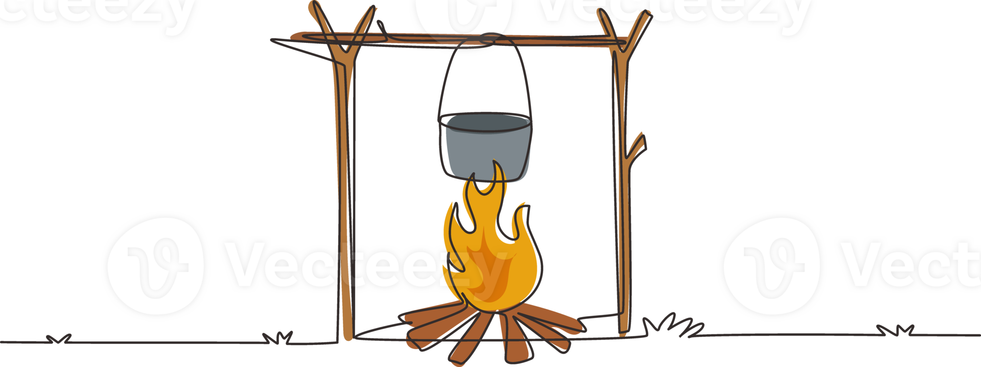 Continuous one line drawing pot on campfire for cooking food, boil water for hot tea, and warm body in cold night. Outdoor recreation, adventures in nature, vacation. Single line draw design png
