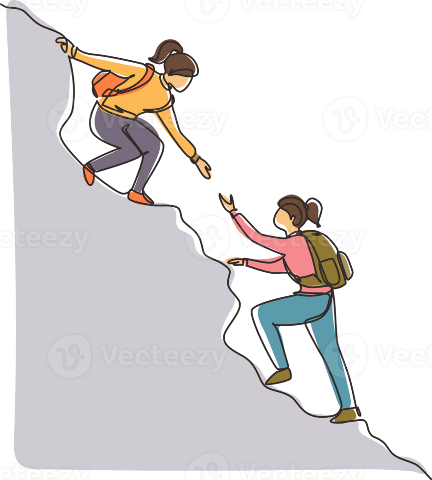 Célibataire un ligne dessin deux femme Aidez-moi chaque autre à montée en haut le Montagne. Aidez-moi main, espérer et soutien. entreprise, succès, direction, réussite et objectif concept. continu ligne dessiner conception png