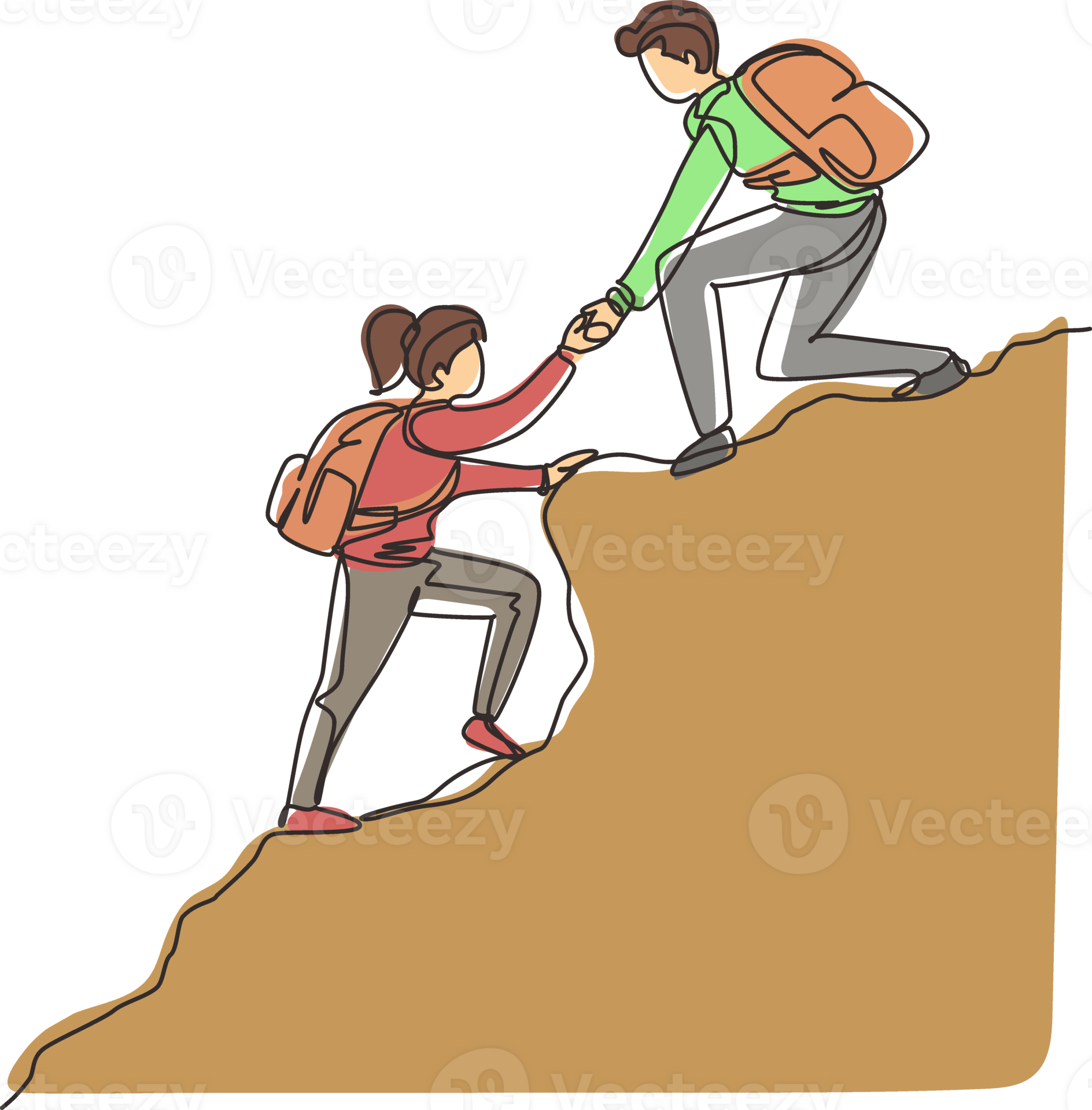 Continuous one line drawing group of people man woman helping each