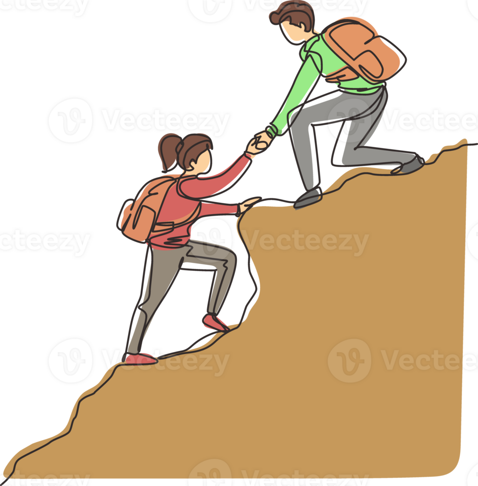 Continuous one line drawing group of people man woman helping each other hike up a mountain. Business, success, leadership, achievement and goal concept. Single line draw design illustration png