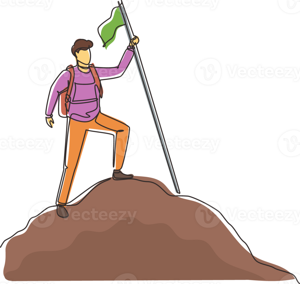 Single continuous line drawing backpacker, hiker, man traveller or explorer standing, holding flag and looking at nature. Hiking, backpacking, adventure tourism and travel. One line draw design png