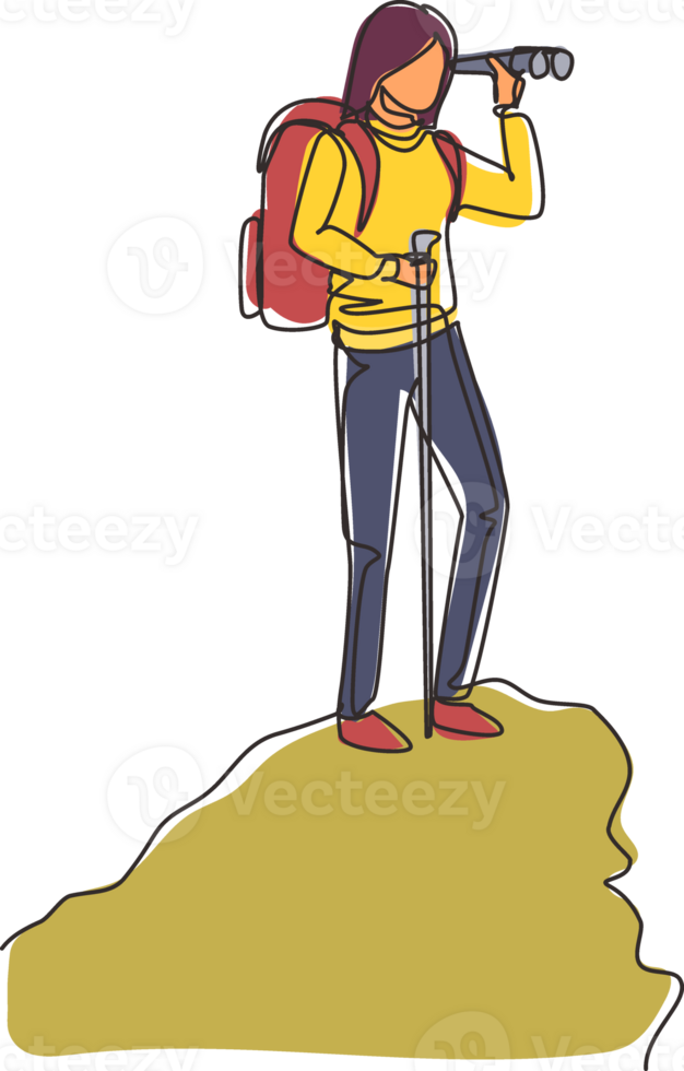 Single one line drawing cheerful traveler woman with a big backpack stands on the mountain and looks at the binocular. Standing on top. Modern continuous line draw design graphic illustration png