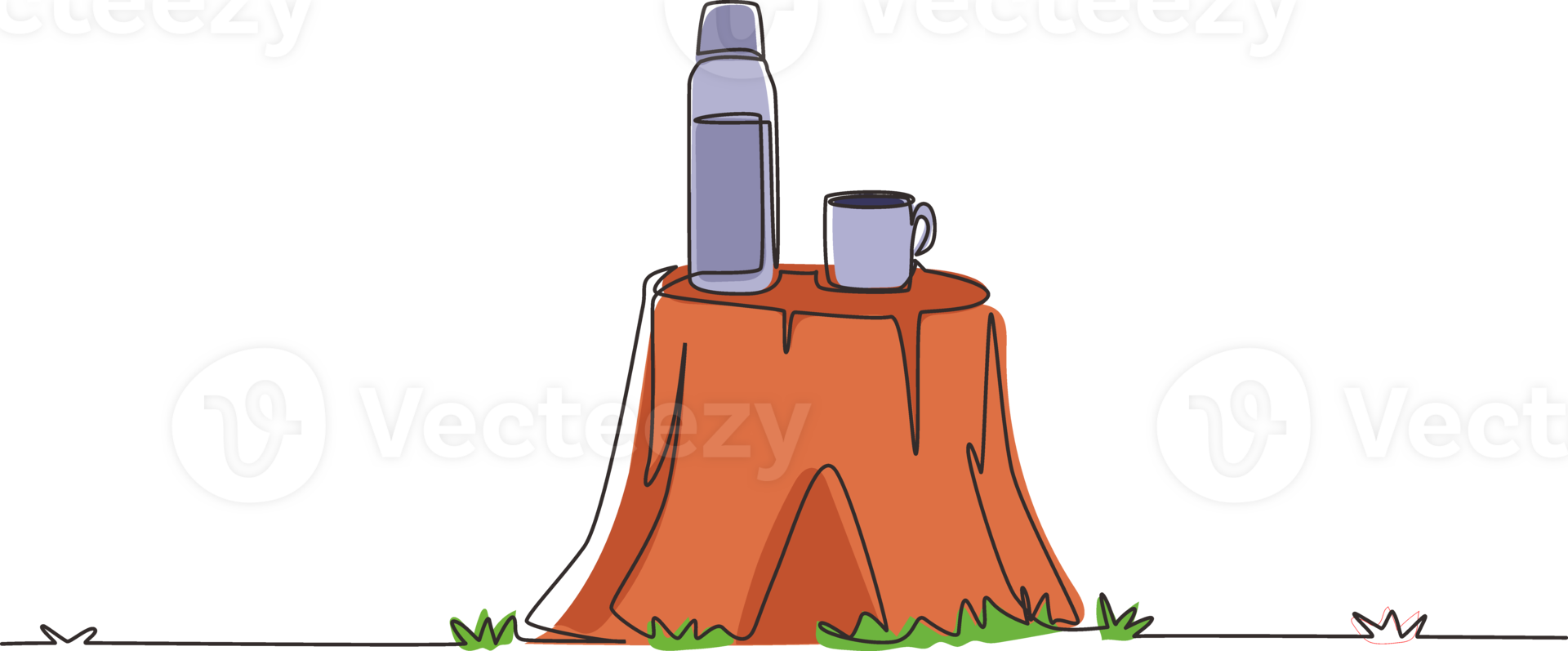 Single continuous line drawing thermos mug with hot drink on log table. Steam comes from the mug. Vacuum thermos stands on tree stump in the wild. One line draw graphic design illustration png