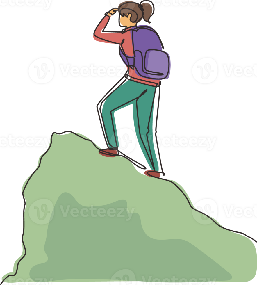 Continuous one line drawing woman traveler or explorer standing on top of mountain or cliff and looking straight. Discovery, exploration, hiking, travel. Single line draw design illustration png
