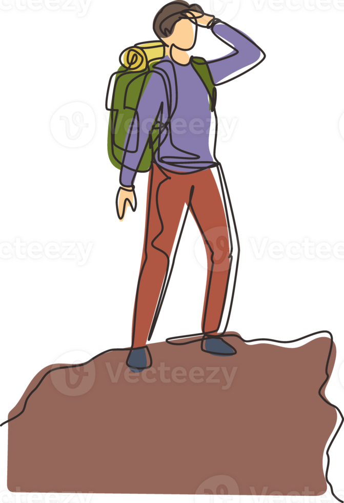 Continuous one line drawing man hiker at the top of the mountain looking into distance. Adventure in mountainous terrain. Exploration, hiking, adventure. Single line draw design illustration png