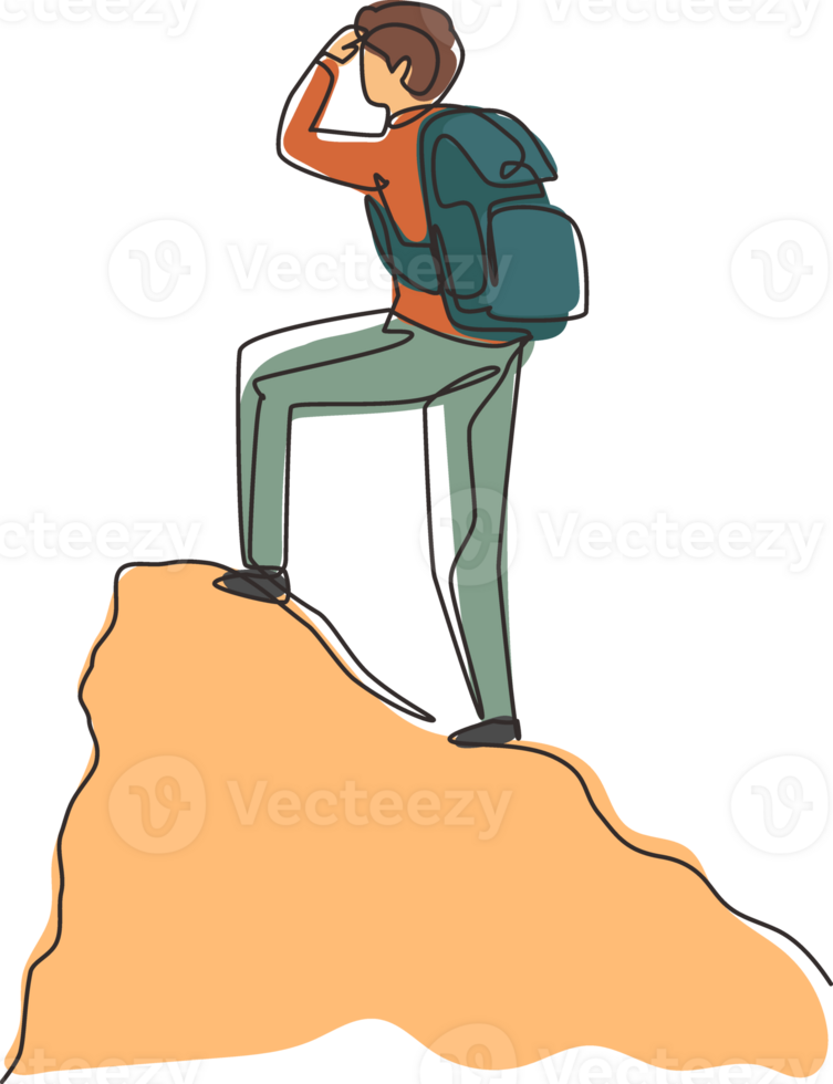 single een lijn tekening Mens met rugzak, reiziger, ontdekkingsreiziger staand Aan top van berg of klif, op zoek Aan vallei. ontdekking, verkenning, hiking. doorlopend lijn trek ontwerp illustratie png