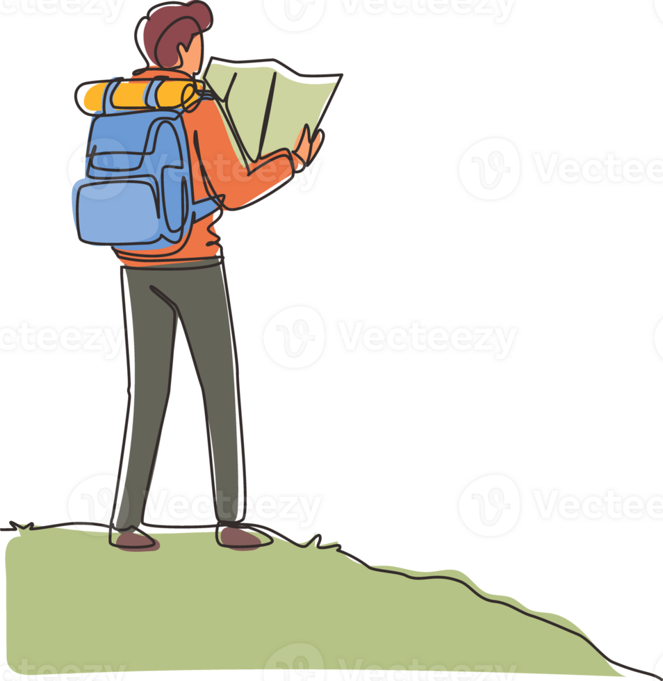 Single continuous line drawing man hiker with backpack and map hiking in mountains or forest and exploring nature. Active outdoor travelling. Dynamic one line draw graphic design illustration png