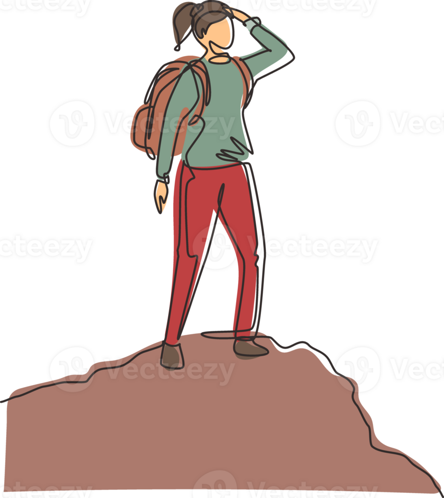 Single one line drawing woman hiker at top of mountain looking into distance. Adventure in mountainous terrain. Hiking, adventure tourism, travel. Continuous line draw design illustration png