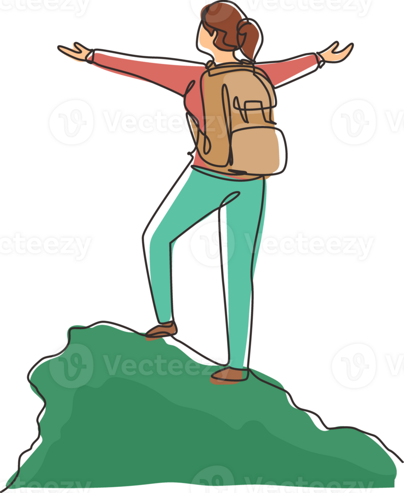 single doorlopend lijn tekening klimmer vrouw staat met armen uitgestrekt Aan top van berg. winnaar motiverende concept. toerist met rugzak. reiziger in zomer rotsen. een lijn trek ontwerp png