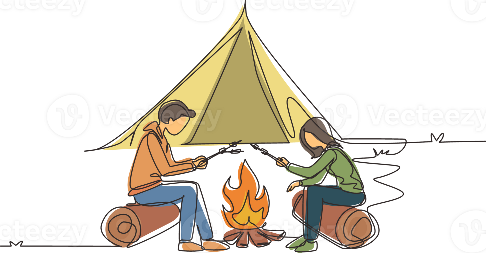 Continuous one line drawing romantic couple summer camp. Man and woman sitting by fireplace on log. Bonfire with marshmallow. Outdoor vacation in forest. Single line draw design illustration png