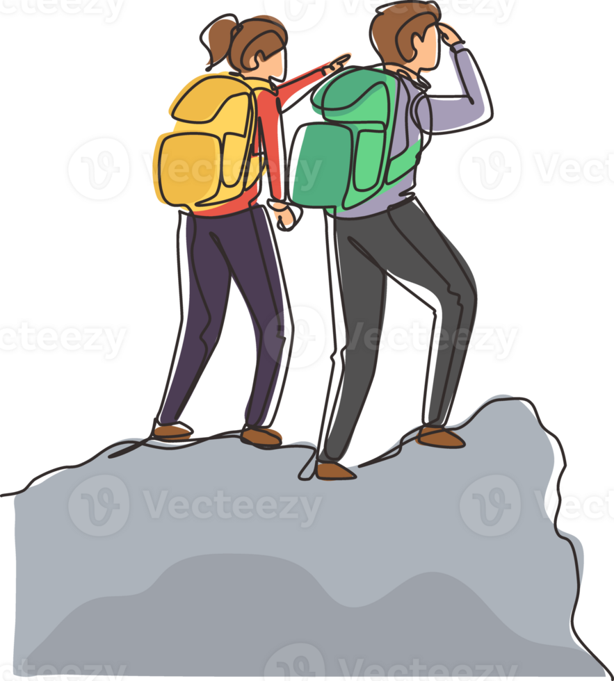 Single continuous line drawing couple on mountain. Happy woman, man climbers. Female hikers standing on rock look mountain landscape. Trekking outdoor. One line draw graphic design illustration png