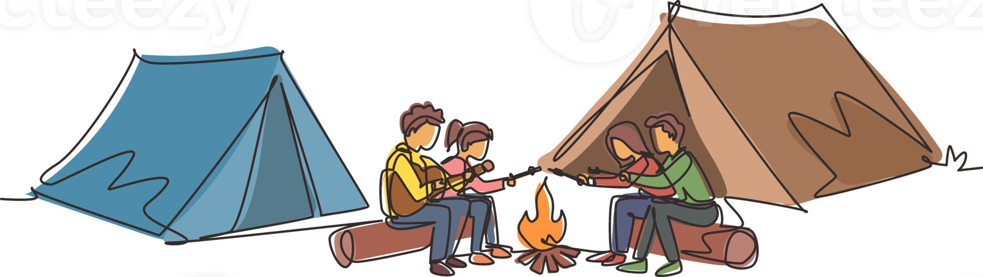 Single one line drawing friends sit on logs by campfire. Young tourists, campers in forest. Students playing guitar, roast marshmallows. Night camping entertainment. Continuous line draw design png