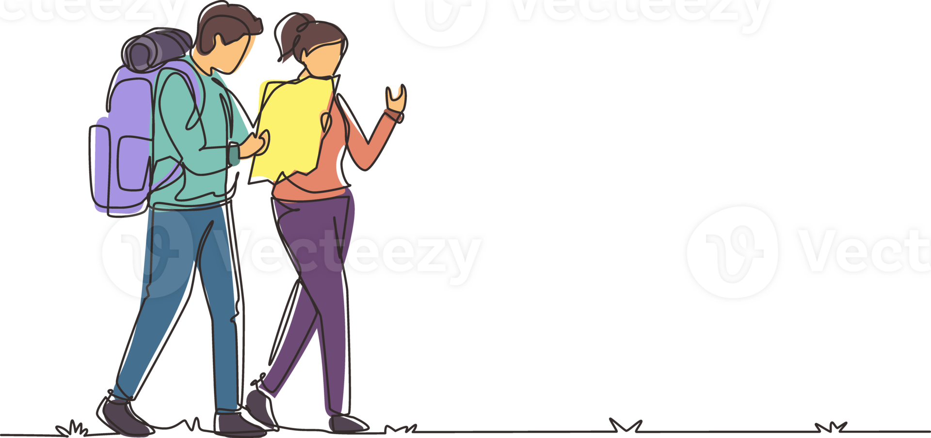 Continuous one line drawing couples hiking man woman with backpack and map is traveling in outdoor. Trekking, exploration, hiking tours. Tourism, adventures in nature. Single line draw design png