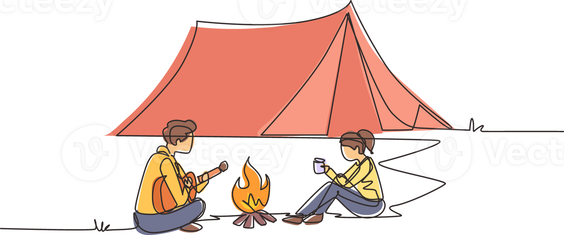 Single continuous line drawing camping couple around campfire tents. Man playing guitar and woman drinking hot tea getting warm near bonfire sitting on ground. One line draw design illustration png