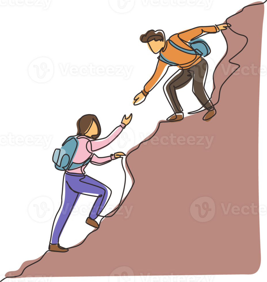 kontinuierlich einer Linie Zeichnung Mann Frau Erfolg auf Gipfel von Berg, Zusammenarbeit Paar wandern, Vertrauen Hilfe im Berge, Mannschaft von Kletterer Portion Hand auf Berg oben. Single Linie zeichnen Design png