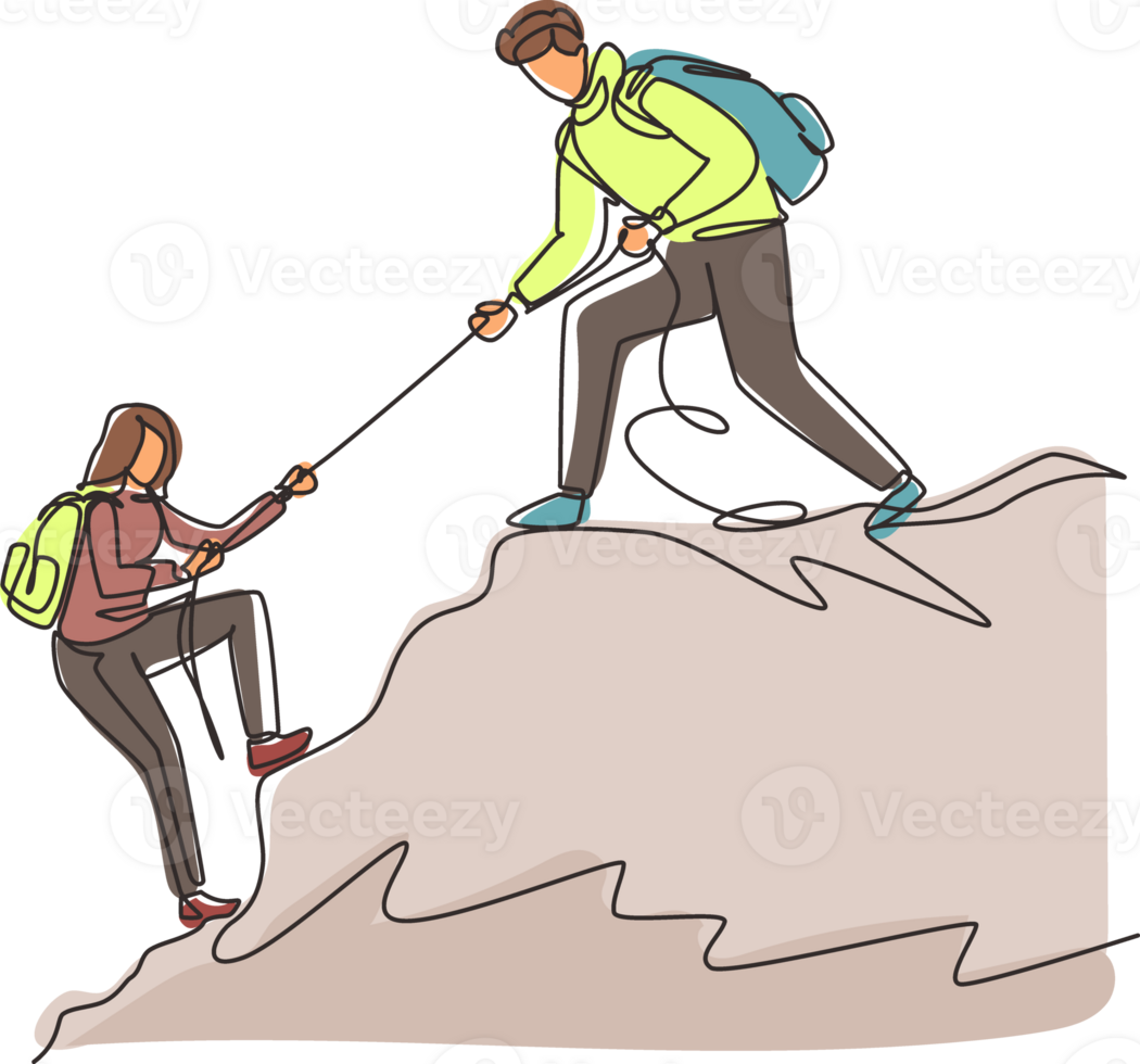 Single one line drawing man woman hikers climbing up mountain and one of them helping to each other with rope, support in dangerous situation to climb. Continuous line draw design illustration png